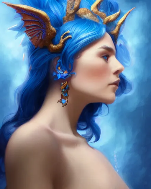 Prompt: Side Profile Portrait of a blue haired Goddess, she holds a spark of all creation in her hands, a tiny red dragon, wide angle, intricate, elegant, overdetailed, professional digital painting, artstation, concept art, smooth, sharp focus, 8K, art by artgerm and greg rutkowski and alphonse mucha and loish and WLOP