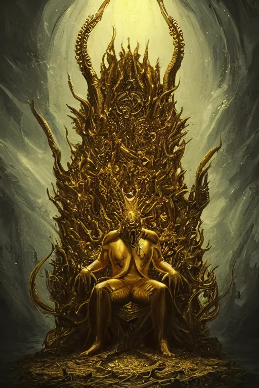 Prompt: lovecraftian gilded king on a throne in the underworld, underworld, hell, monster, devil, demon, digital art, in the style of greg rutkowski, trending on artstation