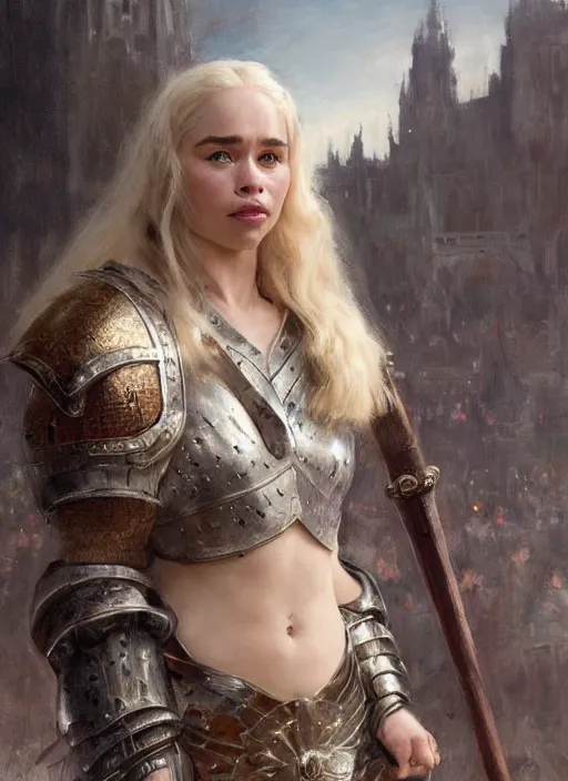 Prompt: short muscular blonde woman wearing realistic medieval armour, emilia clarke, detailed by gaston bussiere, bayard wu, greg rutkowski, giger, maxim verehin, greg rutkowski, masterpiece, sharp focus, cinematic lightning