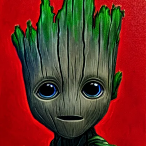 Image similar to a baby groot portrait in the style of drew struzan