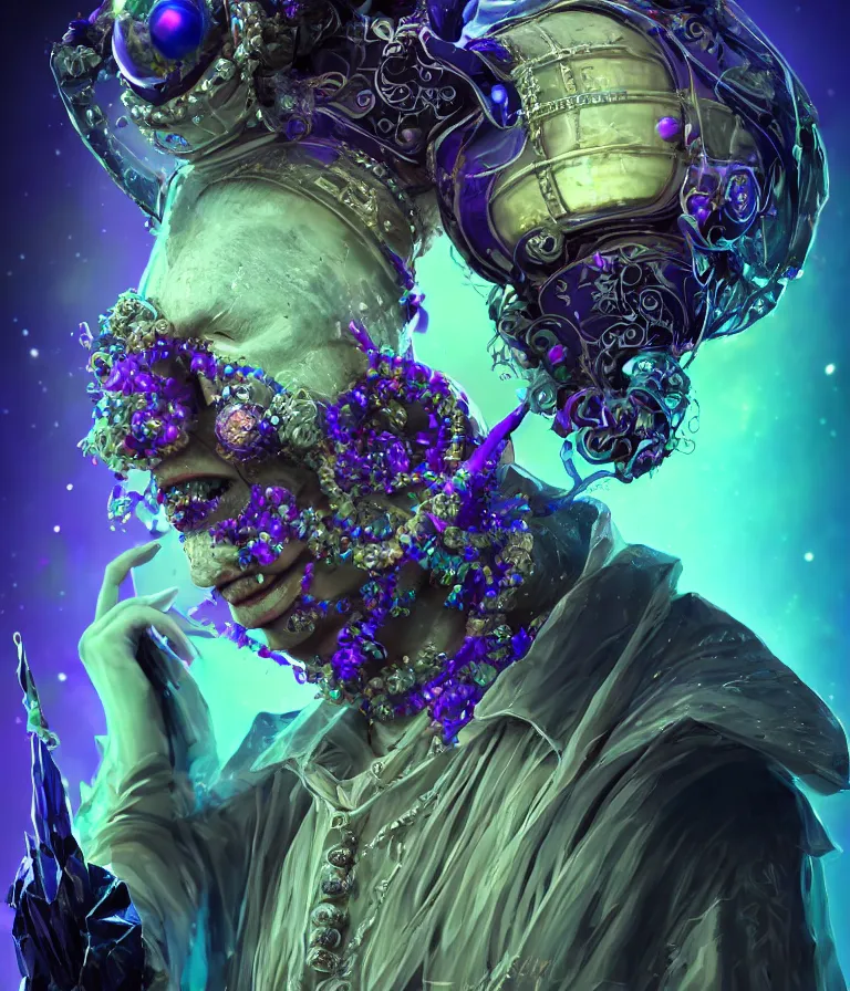 Image similar to impressive sublime front!! shot photo of a court jester character fine portrait fine portrait mesmerizing fractal hyper cubes platinum cracked dark future hyper dimensional space galactic crystal nebula edges elegant detailed intricate concept artstation sharp focus ray tracing cinematic masterpiece temporal corruption beeple wlop germ 8 4 k scifi glossy hyper realistic illustration canon eos r 3 fujifilm x - t 3 0 sony alpha a 6 6 0 0