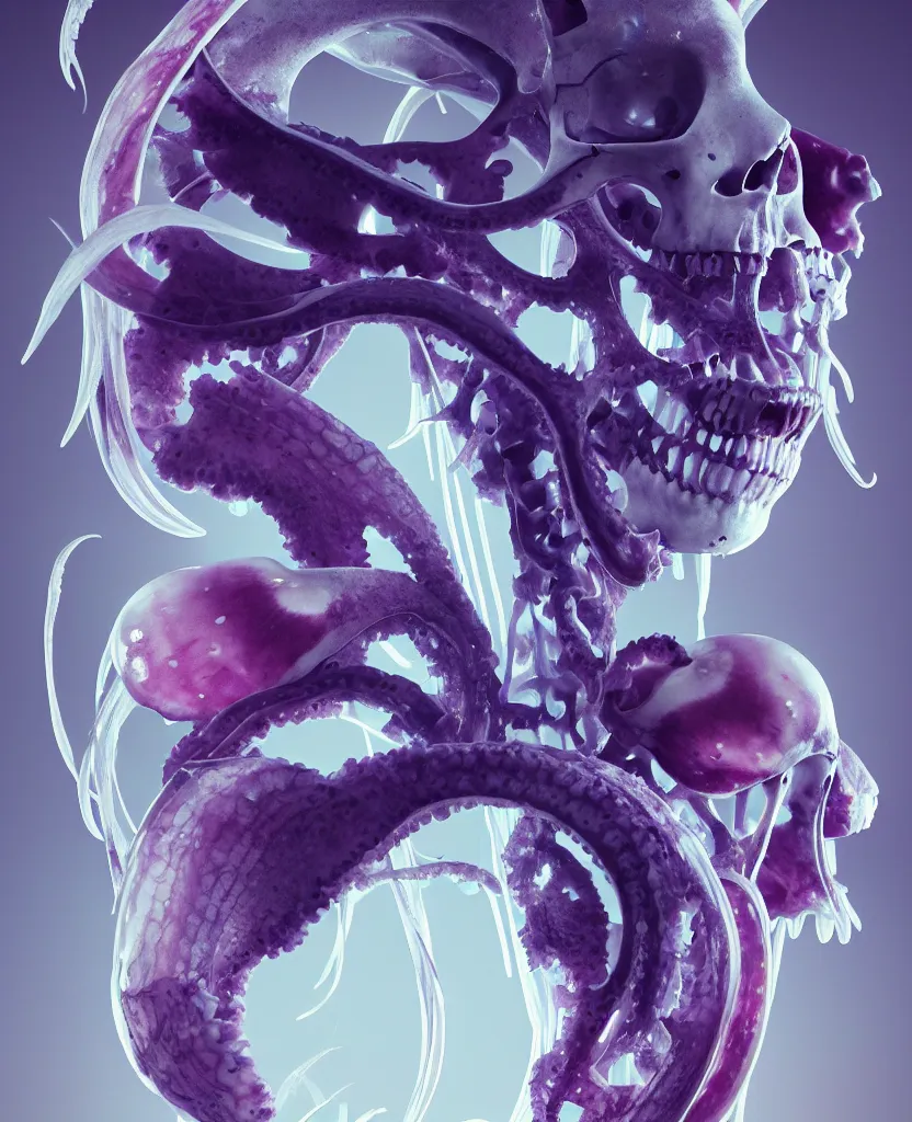 Image similar to absolute symmetry!! goddess close - up portrait human skeleton, ram skull, squid phoenix jellyfish, orchid, betta fish, bioluminiscent, intricate artwork by tooth wu and wlop and beeple. octane render, trending on artstation, greg rutkowski very coherent symmetrical artwork. cinematic, hyper realism, high detail, octane render, 8 k