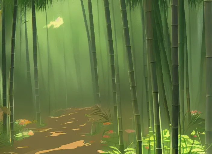 Prompt: deep in a misty japanese bamboo forest, small dirt path, rule of thirds, sunny, cartoony, anime style, mid day, realistic lighting, by ghibli studio, arcane, wild rift, trending on artstation, 4 k, hd