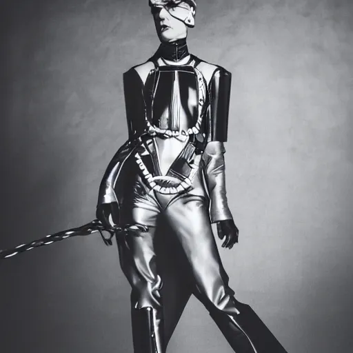 Image similar to fashion photography of an extraterrestrial model, holding a leather whip, wearing demobaza fashion, inside berghain, berlin fashion, harness, futuristic fashion, dark minimal outfit, photo 3 5 mm leica, hyperdetail, berghain, 8 k, very detailed, photo by nick knight