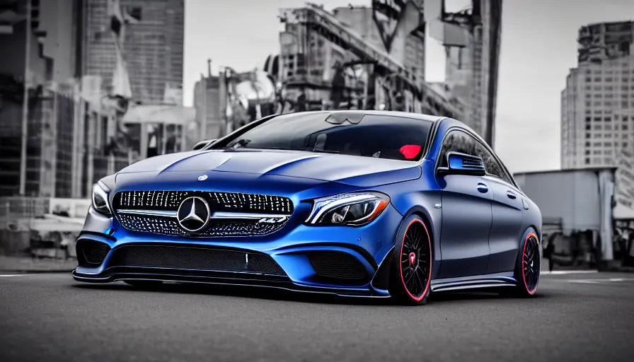 Prompt: a car and driver magazine photo shot, a dark blue 2019 Mercedes cla 45 AMG heavily modified and customized as a performance tune street racing, black rims, samurai vinyl wrap, cinematic lighting, art station, volumetric light, low angle camera, redshift render, octane render, art station