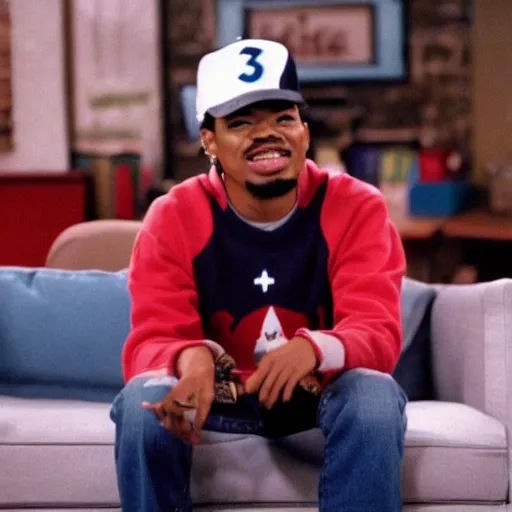 Image similar to a tv still of Chance The Rapper starring as a college student in a 1990 tv sitcom, 40mm lens