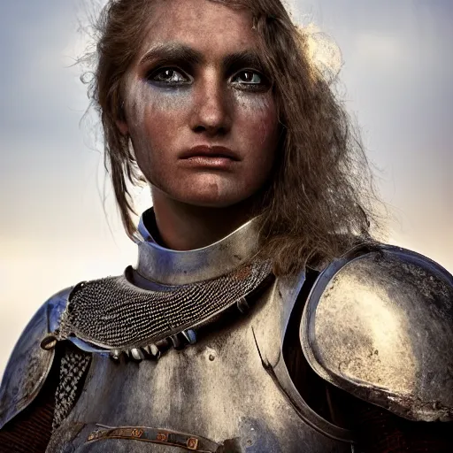 Prompt: head and shoulders portrait of a female knight, worn armor, lightly dirty face, detailed face, photography by jimmy nelson, dramatic mountain background, golden hour, hq