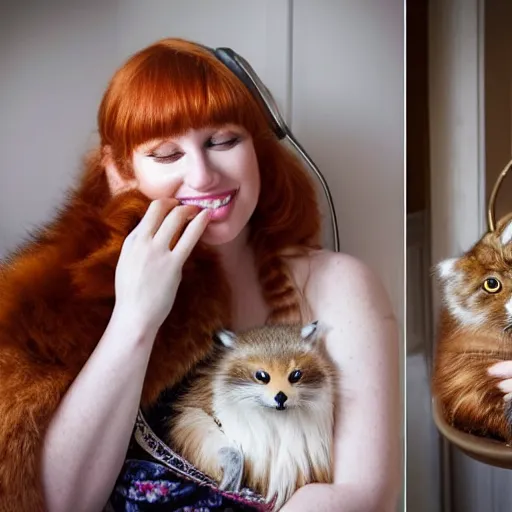 Image similar to a stunning hyper-detailed closeup portrait photo of a slender beautiful smiling woman with long ginger hair and bangs, wearing a luxurious silk robe, wearing headphones and posing with her large ginger tabby cat and her raccoon and parrots in an overstuffed easy chair in her sunlit victorian living room, holding a porcelain parrot-shaped coffee mug and a donut, perfect eyes, fashion photography, octane render, unreal engine, 85 mm lens,