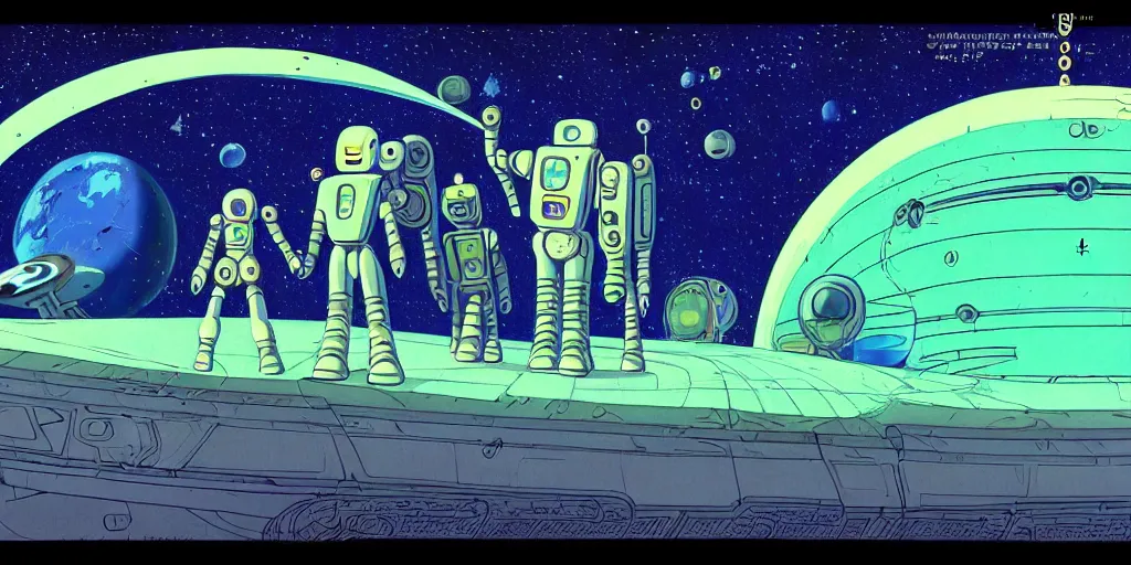 Prompt: traditional drawn colorful animation a symmetrical comet tail in robot platform deck wheelhouse spaceship station planet captain bridge planet surface, ground, tree, outer worlds robots extraterrestrial hyper contrast well drawn Metal Hurlant Pilote and Pif in Jean Henri Gaston Giraud animation film The Masters of Time FANTASTIC PLANET La planète sauvage animation by René Laloux