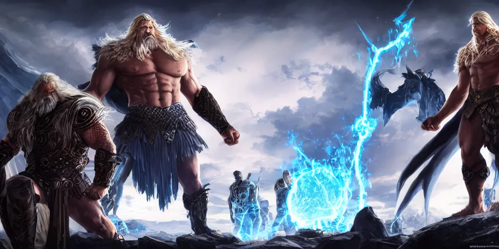 Image similar to a epic and fantasy concept art of ragnarok, zeus, thor, by tsuyoshi nagano, god of wars, aion, hyperdetailed, 8 k realistic, symmetrical, wallpaper, long shot, frostbite 3 engine, cryengine, dof, trending on artstation, digital art,