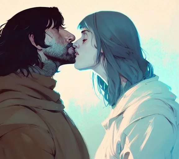 Image similar to portrait of aragorn kissing arven by atey ghailan, by greg rutkowski, by greg tocchini, by james gilleard, by joe fenton, by kaethe butcher, dynamic lighting, gradient light blue, brown, blonde cream and white color scheme, grunge aesthetic