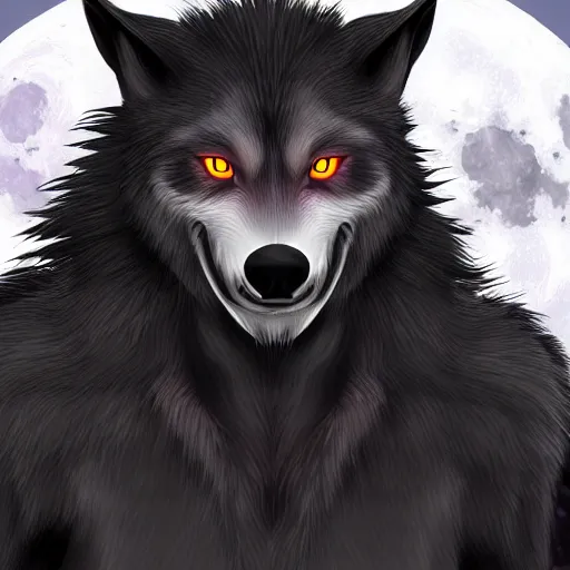 Prompt: male werewolf at night with black realistic fur, under the moon, ultra detail, anime style, 8 k