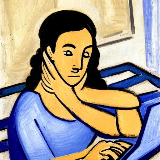 Image similar to close - up of a frustrated young woman coding on her laptop, by matisse 1 9 4 5. early morning, hot coffee