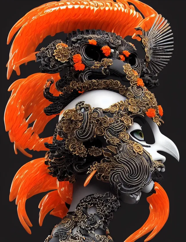 Image similar to 3 d goddess close - up profile portrait biomechanics with ram skull. beautiful intricately detailed japanese crow kitsune mask and clasical japanese kimono. betta fish, jellyfish phoenix, bio luminescent, plasma, ice, water, wind, creature, artwork by tooth wu and wlop and beeple and greg rutkowski. gold black teal and orange color scheme