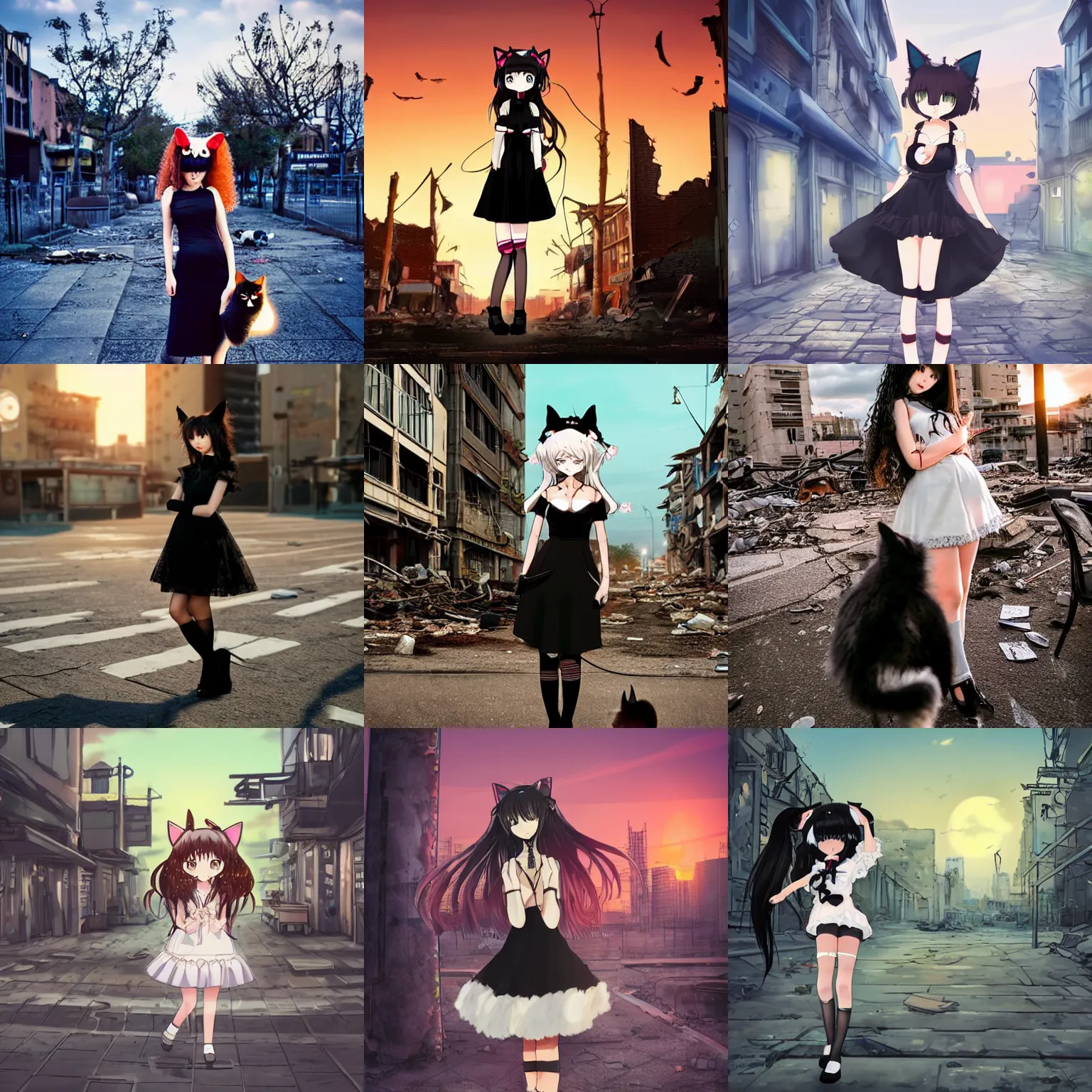 Prompt: cute anime neko girl with long black curly hair and 2 small cat ears on her head wearing nice black lace short evening dress and black high - heeled shoes, in the middle of the square of a ruined post - apocalyptic city at sunset