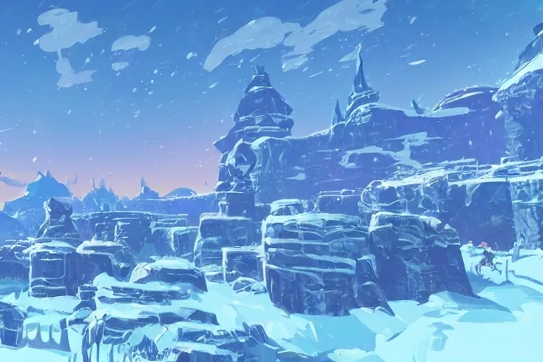 Prompt: an in game frozen landscape from the legend of zelda breath of the wild, breath of the wild art style.