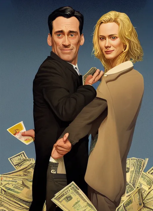 Image similar to poster artwork by Michael Whelan and Tomer Hanuka, Karol Bak of Naomi Watts & Jon Hamm husband & wife portrait, in the pose of 'Laughing Couple with a Money Purse' painting, from scene from Twin Peaks, clean, simple illustration, nostalgic, domestic, full of details