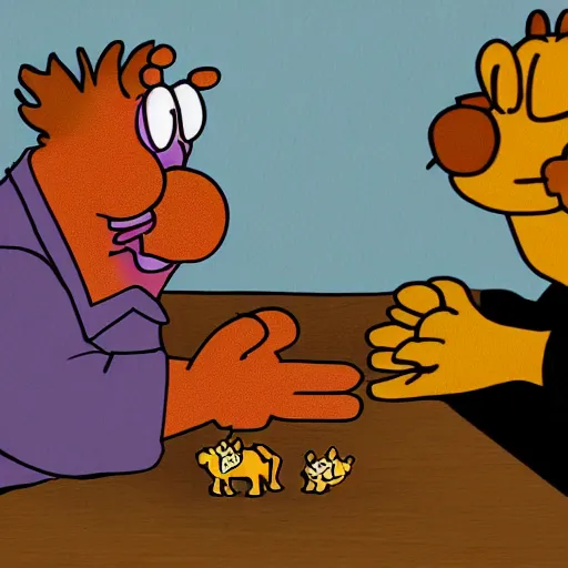 Prompt: jon and garfield at the kitchen table by jim davis
