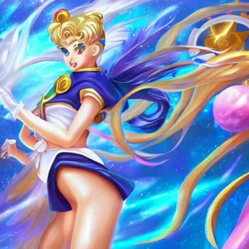 Prompt: beautiful Sailor moon splash art by League of Legends, highly detailed, trending on Artstation and Safebooru in category Voluptious; white background; white background