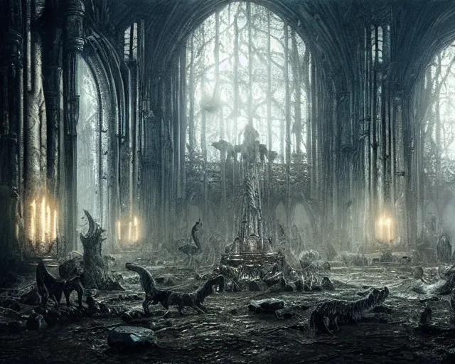 Image similar to king of the wolves - fantasy, inside the king's hall wolves and their treasures, ethereal, ominous, misty, 8 k, by h. r. giger and greg rutkowski