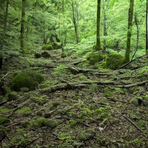 Prompt: aokigahara riddled with rotten corpses, overgrown, lumpy, 8 k