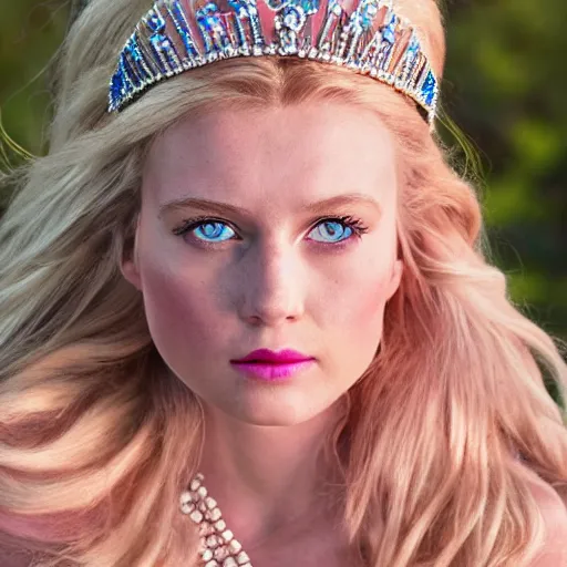 Image similar to close up headshot of a princess with long blonde hair and blue eyes wearing a strapless elaborately beaded pink dress, high resolution film still, 8k, HDR color, film by Simon Langton and David Frankel, diamond shaped face, weak chin