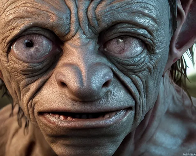 Image similar to wawrick davies as gollum, character art, by various concept artists, redshift render, hyperrealistic face, photorealistic render