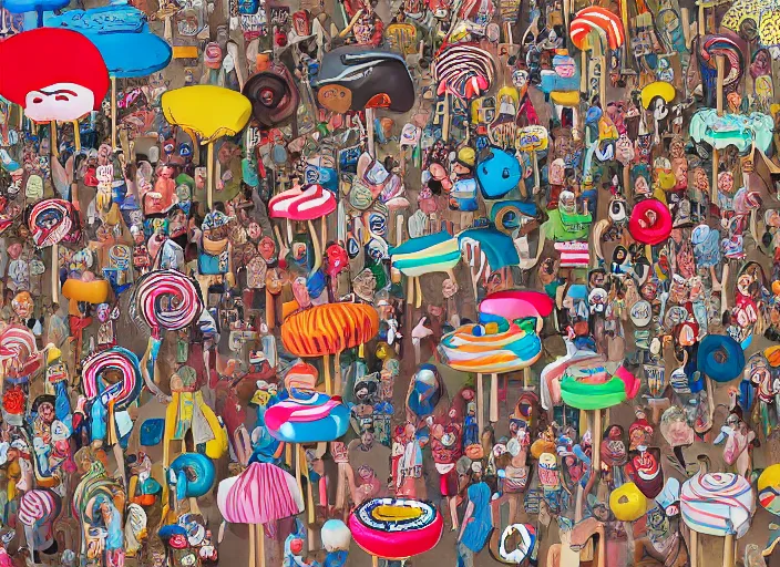 Prompt: where's waldo, lollipops and donuts, lowbrow, matte painting, 3 - d highly detailed, in the styles of lilla alvarado, camille rose garcia