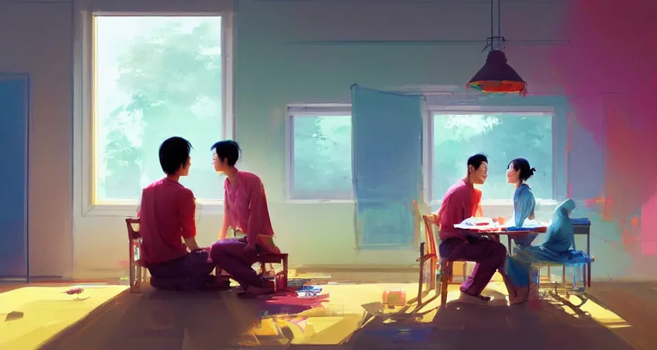 Image similar to wide shot of asian couple looking at each other, sitting in rural living room, group of table fans placing around the room, day light, colorful mood, digital illustration by kyuyong eom and ruan jia, artstation behance pinterest