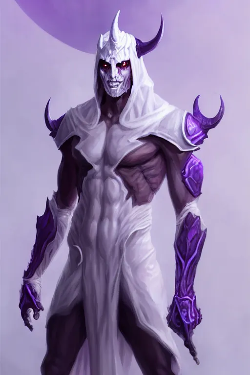 Prompt: human male demon, full body white purple cloth, hero, armor, character concept art, costume design, black eyes, white horns, trending on artstation, Artgerm , WLOP