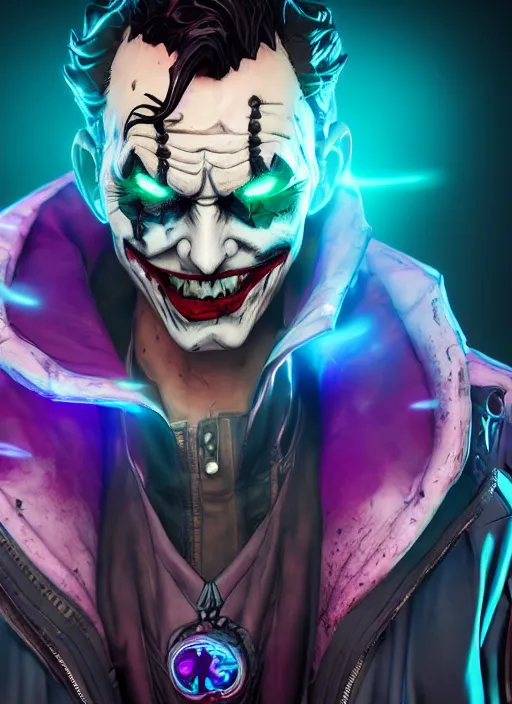 Image similar to glowwave portrait of joker from borderlands 3, au naturel, hyper detailed, digital art, trending in artstation, cinematic lighting, studio quality, smooth render, unreal engine 5 rendered, octane rendered, art style by klimt and nixeu and ian sprigger and wlop and krenz cushart.