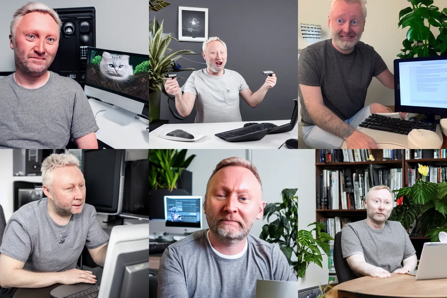 Prompt: a white man with grey hair that looks exactly like limmy wearing a grey tshirt playing pc games on a desktop pc in a grey room with house plants and, fluffy white cat beside him