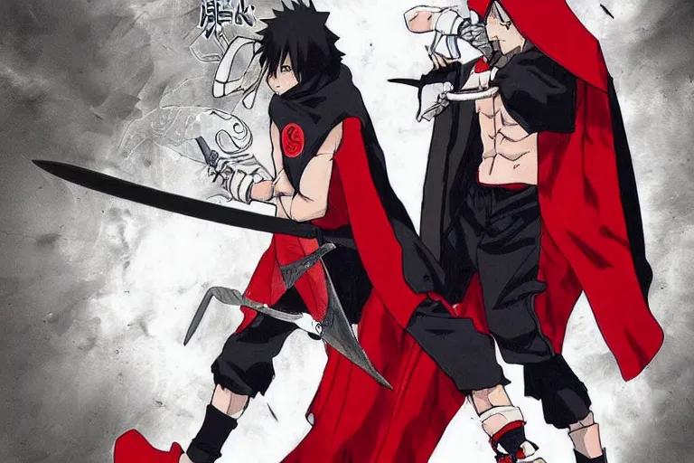 Prompt: a twin blade muscular swordsman, red and black cape and hoodie, scary, intimidating, worn out clothes, torn clothes, as a manga by Masashi Kishimoto