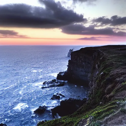 Image similar to deep blue, blue hour, early night, deep blue atmosphere, overcast, low light, black and blue sky, sundown, scattered islands, sea, ocean, low pressure system, cloud with eye, very windy, late evening, distant hotel retreat on cliffside, shining lights on cliff side, polaroid photograph