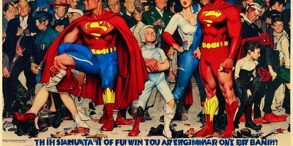 Prompt: a propaganda style poster to ban superheroes. by artgerm, norman rockwell. in brilliant technicolor.