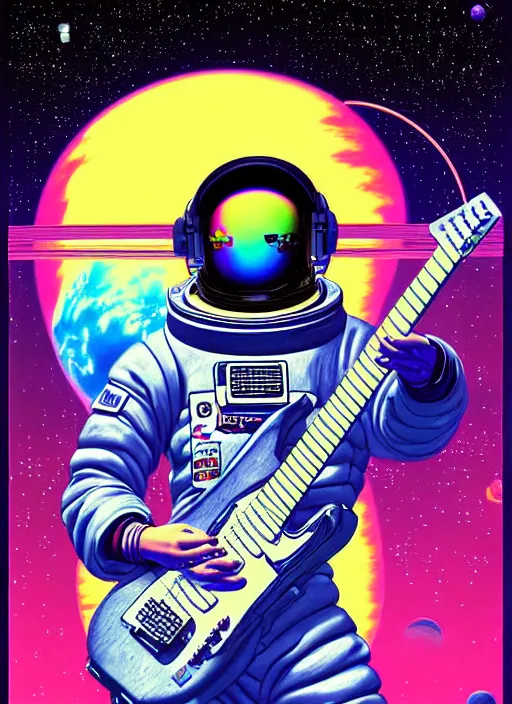 Prompt: realistic portrait of vaporwave cyberpunk astronaut playing an electric guitar floating in front of saturn, futuristic, highly detailed, 8 0 - s style poster, sharp focus, illustration, art by kawase hasui,