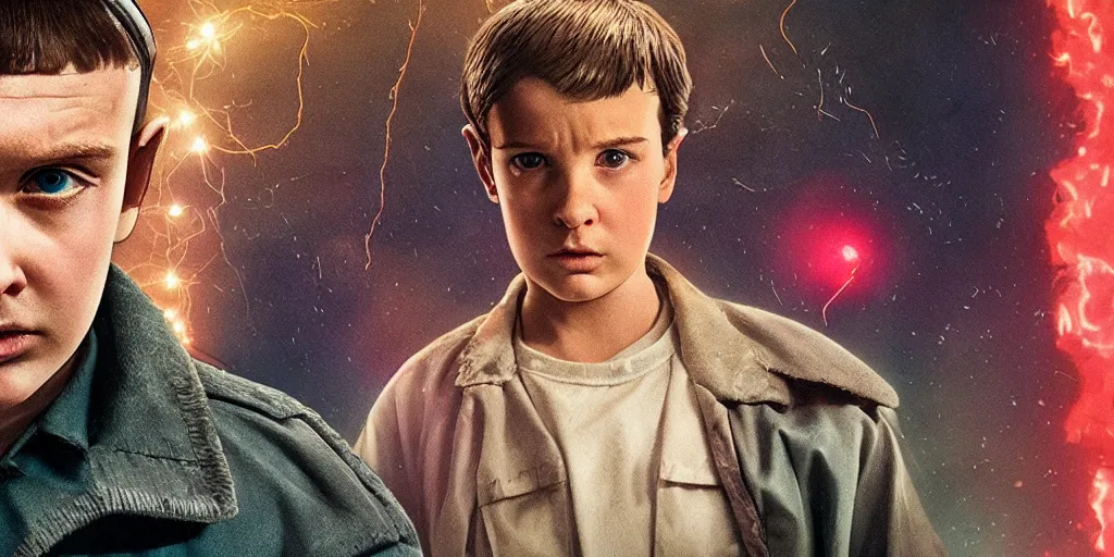 Image similar to tomas shelby in stranger things with eleven in hawkins, detailed, high resolution