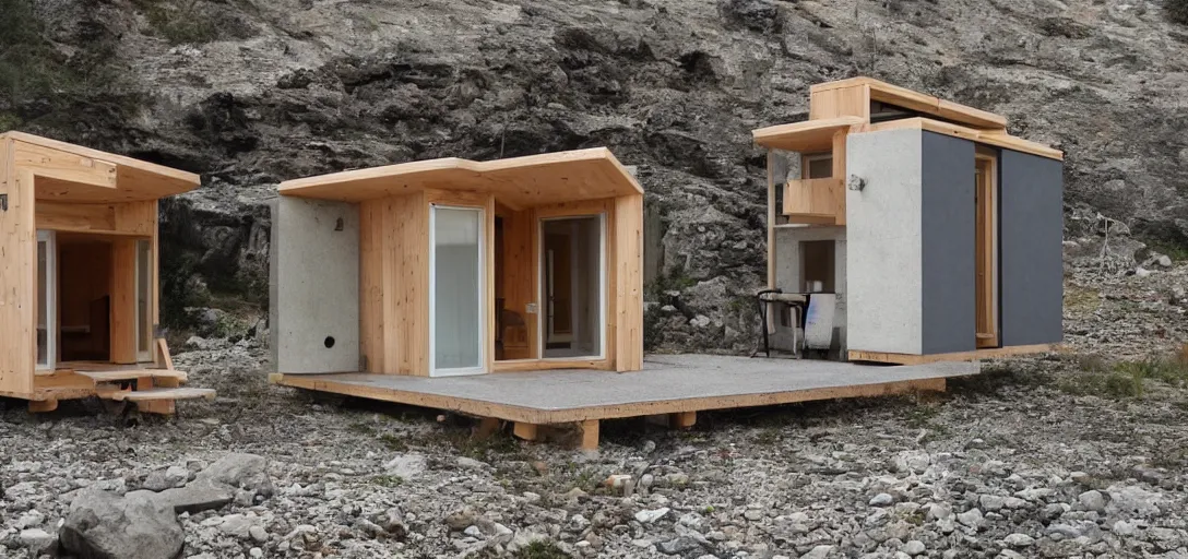 Image similar to brutalist tiny home made of stone