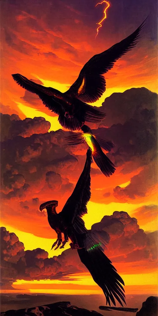 Image similar to hyperrealistic iridescent balaur spitting fire and flying through the sky at sunset syd mead courbet dramatic lighting