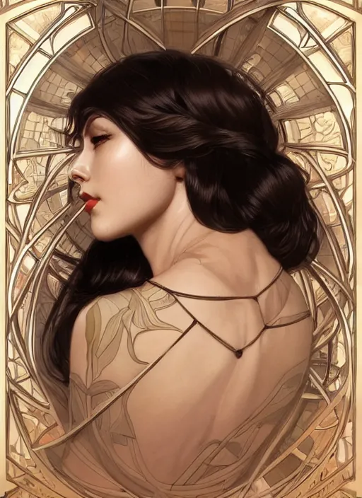 Image similar to symmetry!! pinup, machine parts embedded into face, intricate, elegant, highly detailed, digital painting, artstation, concept art, smooth, sharp focus, illustration, art by artgerm and greg rutkowski and alphonse mucha, 8 k