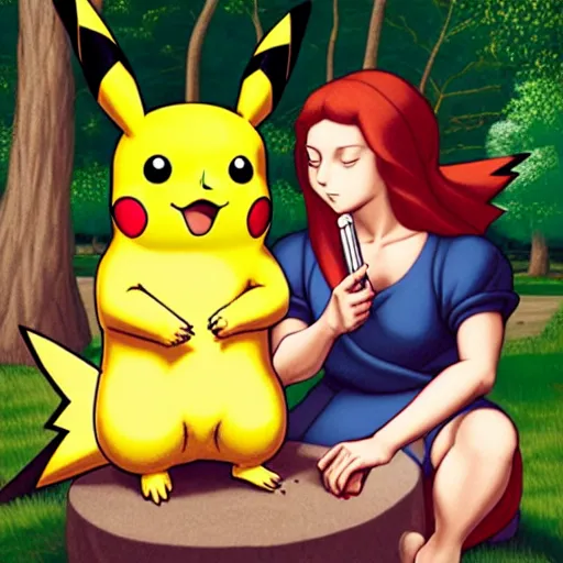 Prompt: pikachu and glumanda are sitting in a park and smoking weed. they are both high, their eyes are red. The mood is friendly and welcoming. highly detailed, digital painting, artstation, concept art, sharp focus, illustration, art by Sandro Botticelli and Michelangelo and leonardo da vinci