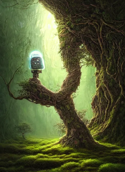 Prompt: Portrait of an Ancient Robot with a tree growing out of its head, patches of moss, translucent leaves, extremly detailed digital painting, in the style of Tomasz Alen Kopera and Fenghua Zhong and Peter Mohrbacher, mystical colors, rim light, beautiful lighting, 8k, stunning scene, raytracing, octane, trending on artstation