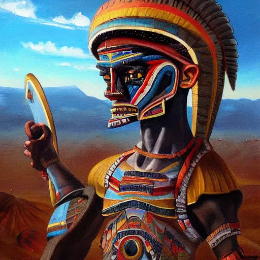 Image similar to simonetti rutkowski painting aztec warrior watching alien spaceship arriving to pyramid