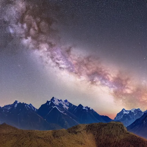 Prompt: long exposure photograph of milky way set behind mountains, highly detailed, long lens, 4 k