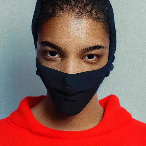 Image similar to realistic photoshooting for a new balenciaga lookbook, color film photography, portrait of a beautiful woman, model is wearing a balaclava mask, in style of tyler mitchell, 3 5 mm,