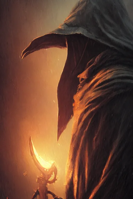 Image similar to A closeup of a Plague Doctor by Greg Rutkowski, Dan Mumford, Christophe Vacher, Bloodborne, 4k photorealistic, volumetric lighting, HD, high details, dramatic, dark atmosphere, trending on artstation