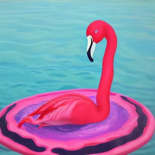 Prompt: flamingo pool float in a vast rippling swimming pool, oil painting