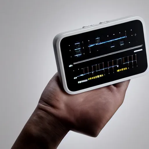 Prompt: “Futuristic pocket synthesizer designed by Dieter Rams”