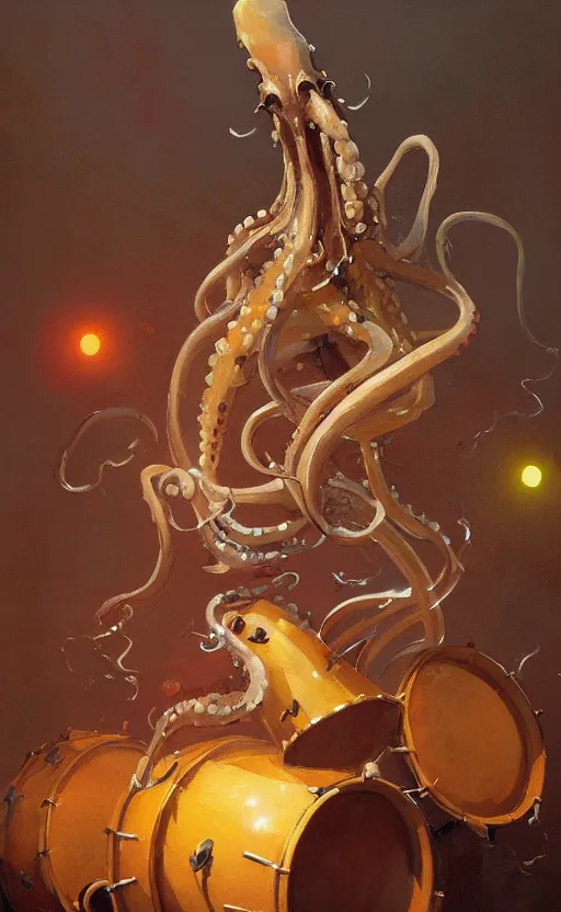 Image similar to a painting of a squid banging the drums with its tentacles, by greg rutkowski, featured on artstation