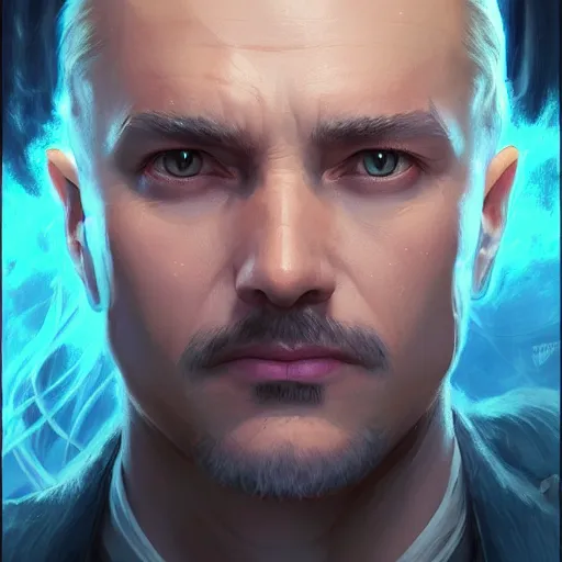 Image similar to portrait of a wizard with blue skin, elegant, intricate, headshot, highly detailed, digital painting, artstation, concept art, sharp focus, illustration, art by artgerm and greg rutkowski and alphonse mucha